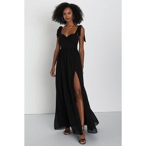 Lulus Radiant Charisma Black Chiffon Ruched Tie-strap Maxi Dress - Size XS